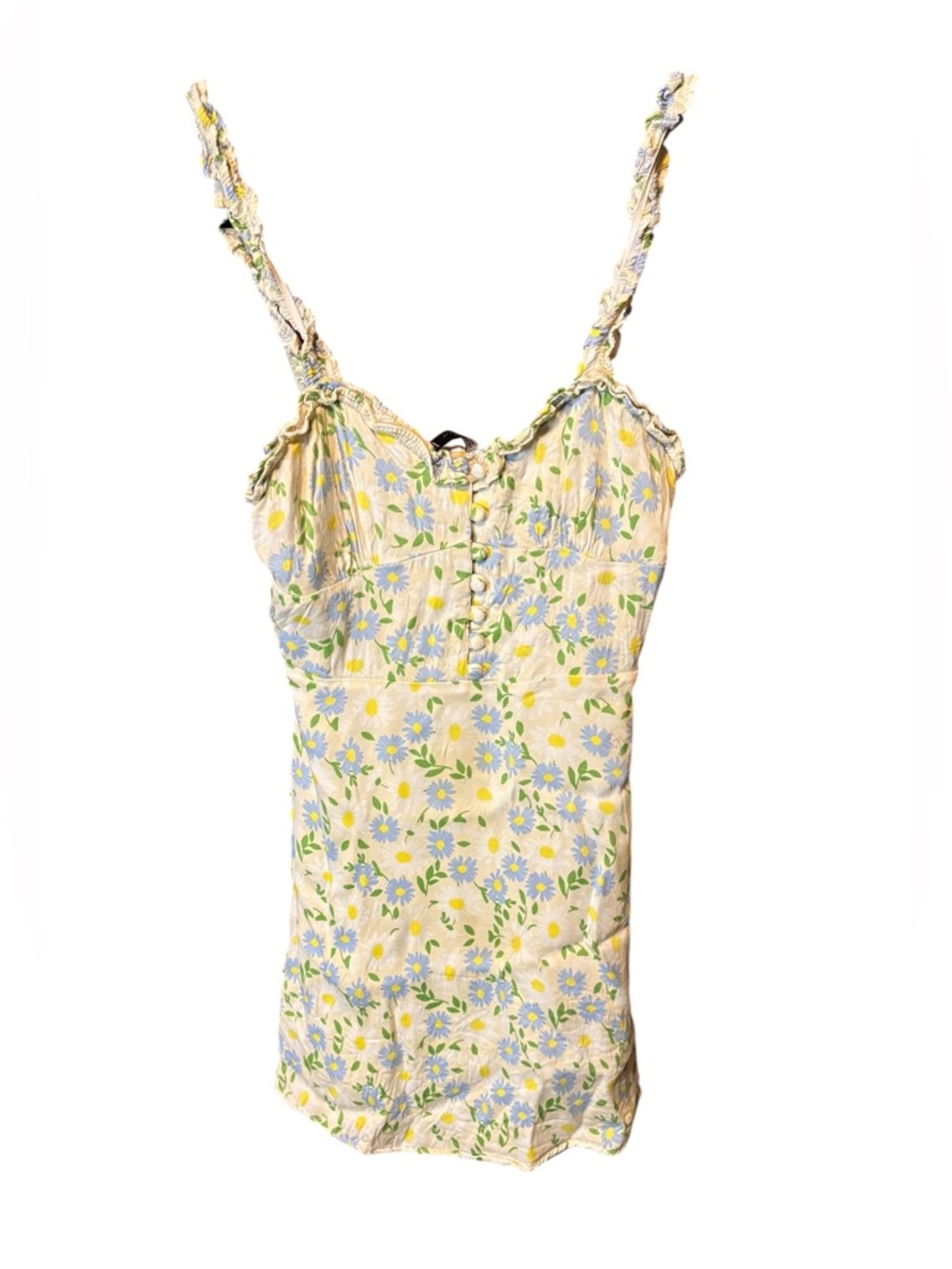 ZARA Floral Mini Dress XS Yellow Blue Daisy Print Button Front Cottagecore